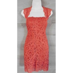 Nicole Miller Coral Lace Body Con Cocktail Dress S